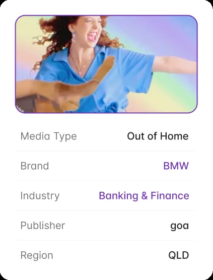 Screenshot from the real Bigdatr platform: an out-of-home ad with its media type, brand, industry, publisher and region