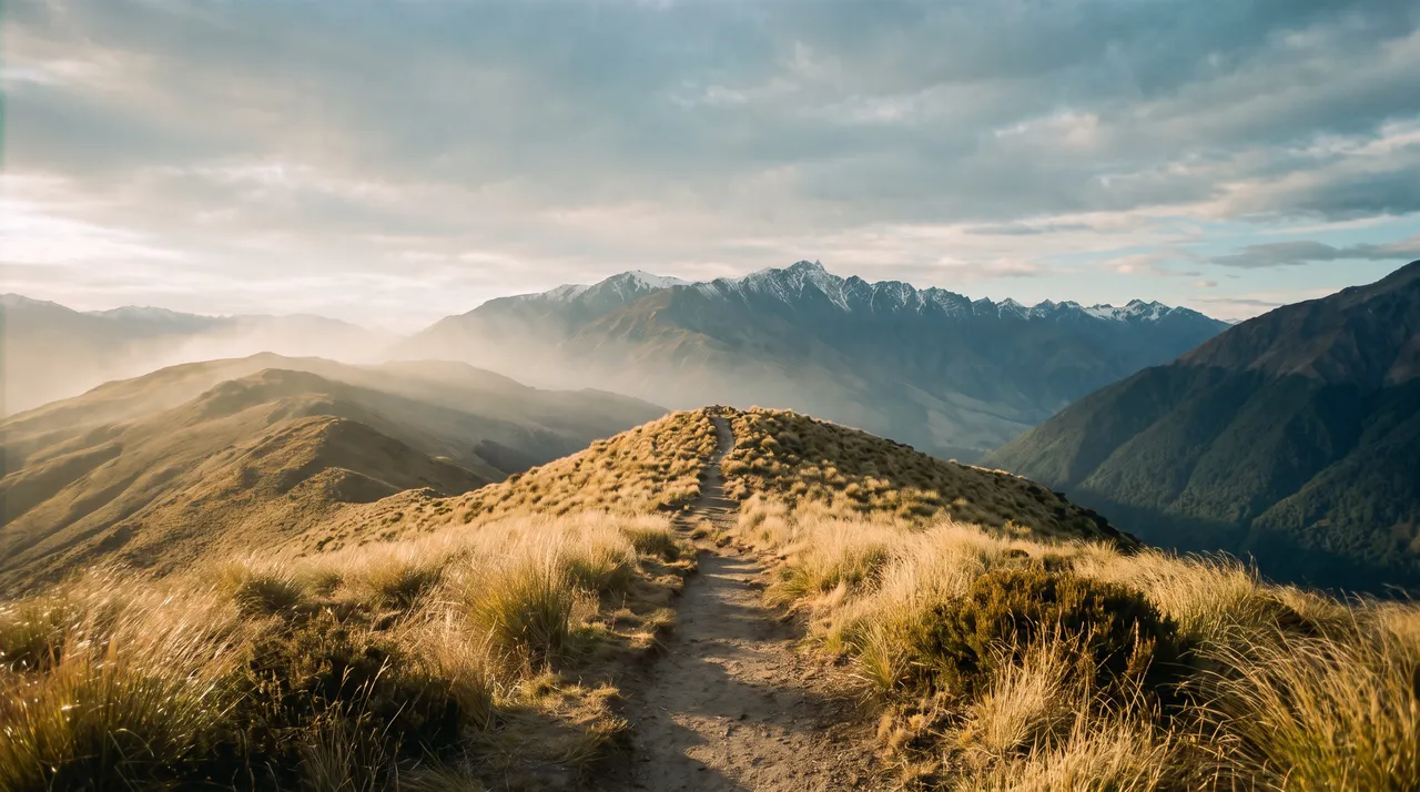 Golden tussock ridge track leading toward a mountain range