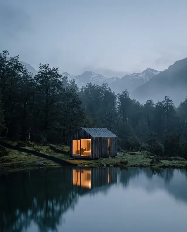 Timber cabin with a lit window on a still alpine lake at dusk