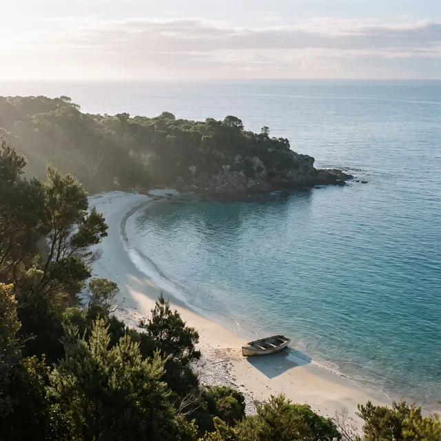 White sand crescent and turquoise bay seen from a forested clifftop
