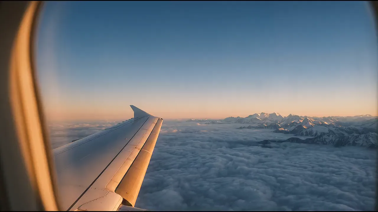 Aircraft wing above a sea of cloud at golden hour, snow-capped peaks beyond