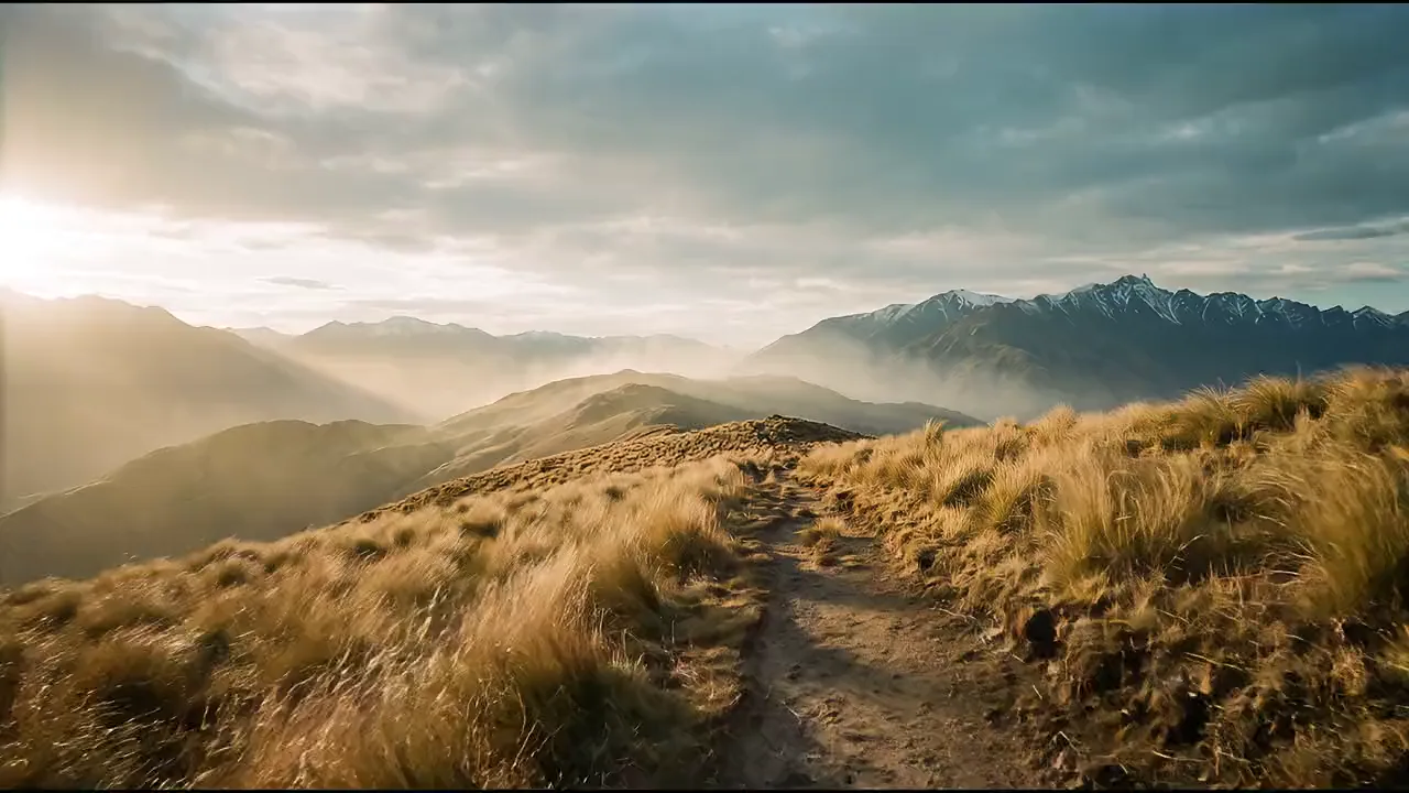 Dirt track along a golden tussock ridge toward snow-capped mountains